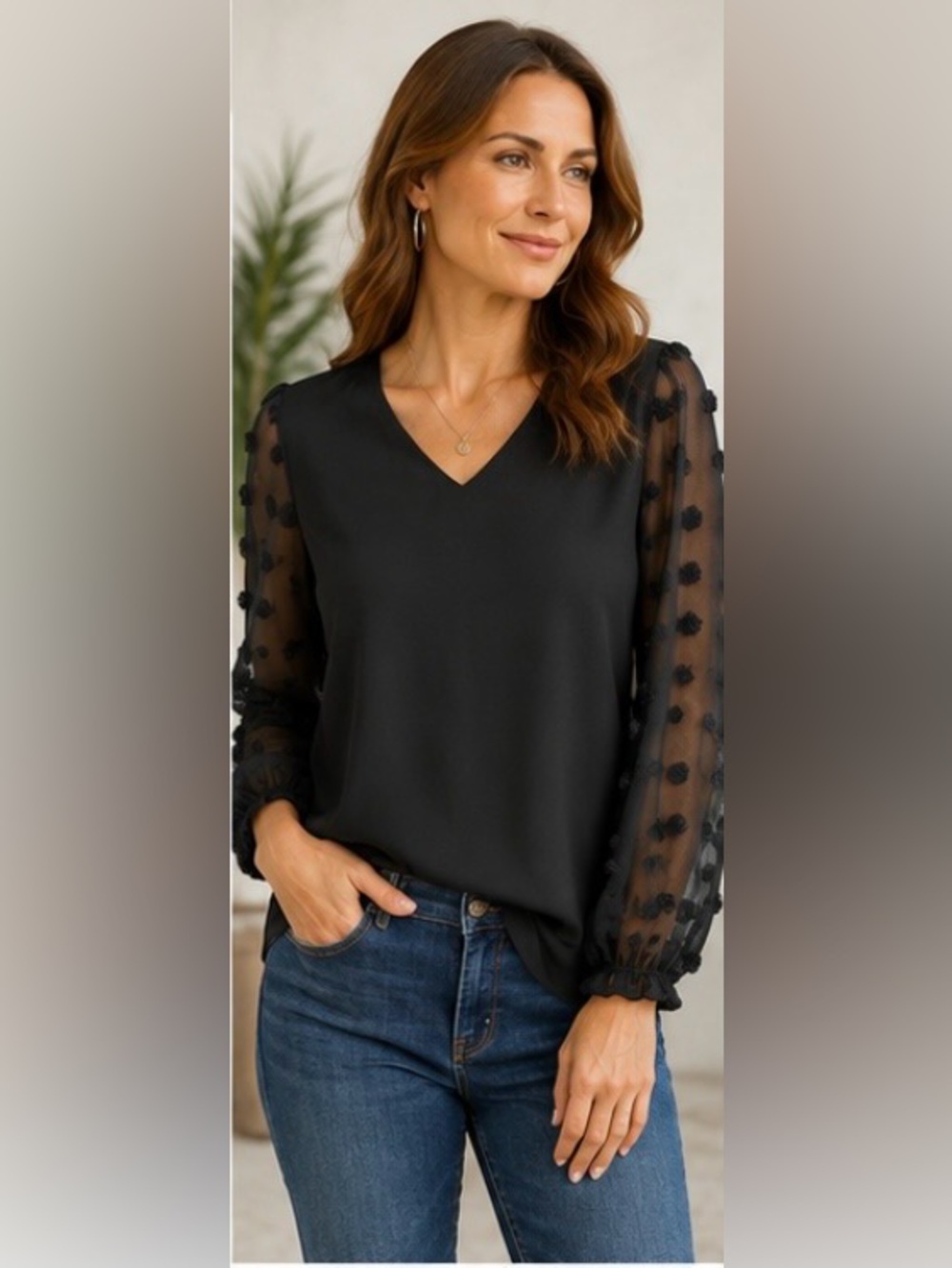 Unbranded Black Long Sleeve Swiss Dot Blouse Size XL